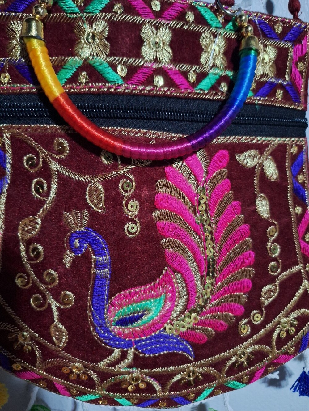 Source Unknown Maroon Embroidered Peacock Tote with Multicolor Handle